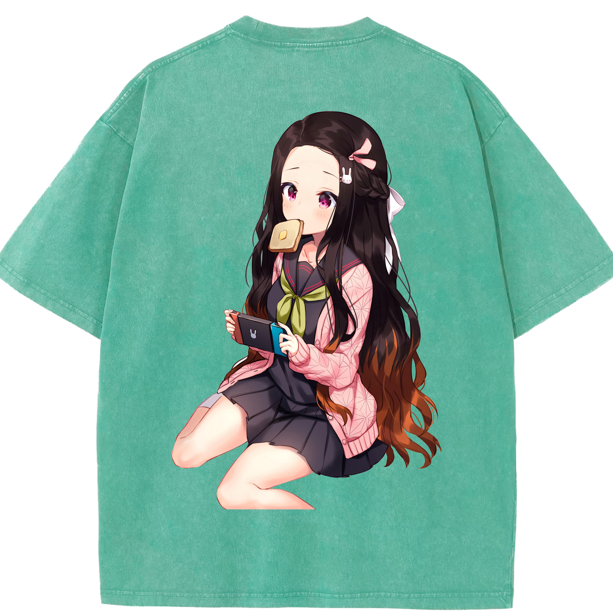（画像用） 鬼滅の刃（きめつのやいば）竈門 禰󠄀豆子／かまど ねずこ Kamado Nezuko 綿100% ヴィンテージ風 半袖Tシャツ（背面プリント）